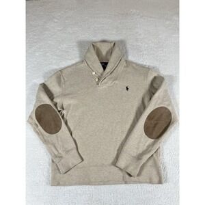 VTG Polo Ralph Lauren Beige Shawl Neck L/S Sweater W Elbow Patches Men's Medium